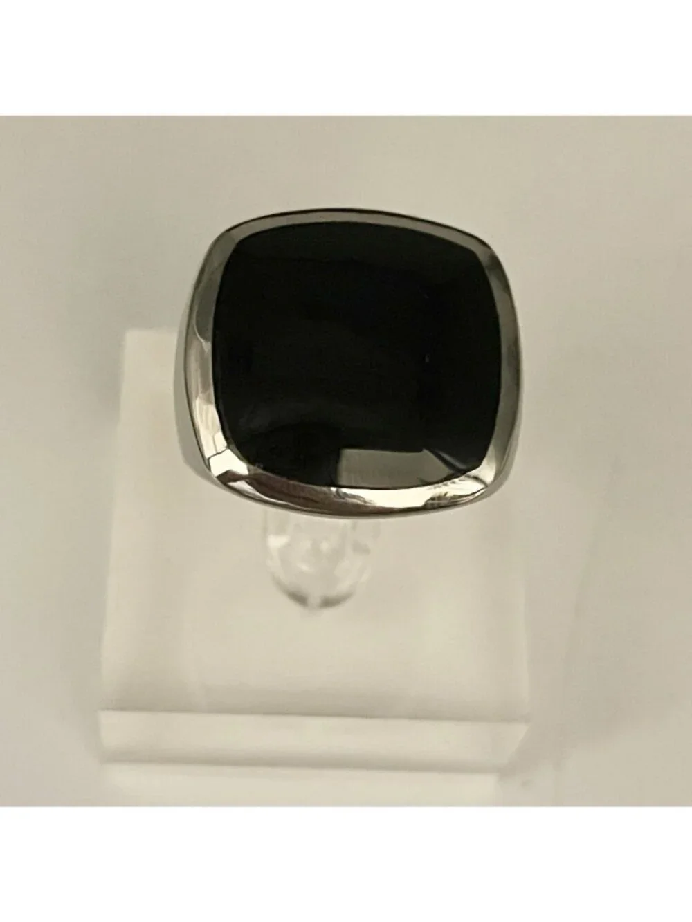 Stainless Steel Minimalist Flat Square Ring Black Stone Inlay Size 7.5 7.75